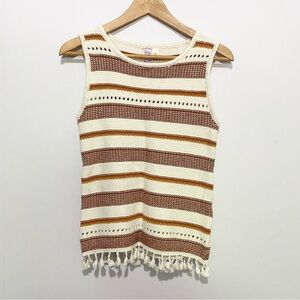 Alya Boho Knit Sleeveless Top Fringe Hem Cream Striped Small